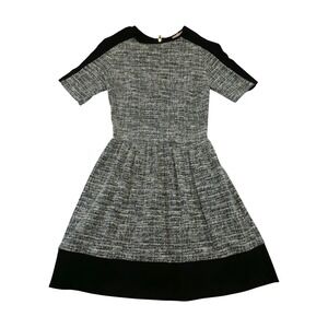 love…ady Tweed Knit Fit Flare Dress Black White Gold Zipper Short Sleeve Women S